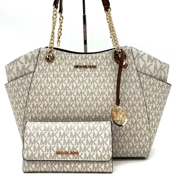 Michael Kors Large Jet Set Travel Chain Shoulder Bag & Trifold Wallet Vanilla - Picture 1 of 14